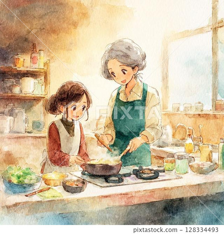 Parents and children cooking together Parents and children cooking together 128334493