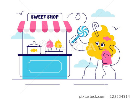Sweet Shop Vector Illustration Featuring the Sale of Various Bakery Products, Cupcakes, Cakes, Pastries, or Candy in a Flat Style Cartoon Background 128334514