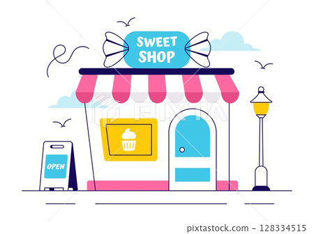 Sweet Shop Vector Illustration Featuring the Sale of Various Bakery Products, Cupcakes, Cakes, Pastries, or Candy in a Flat Style Cartoon Background 128334515