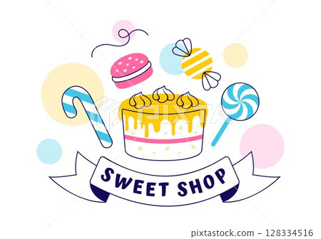 Sweet Shop Vector Illustration Featuring the Sale of Various Bakery Products, Cupcakes, Cakes, Pastries, or Candy in a Flat Style Cartoon Background 128334516