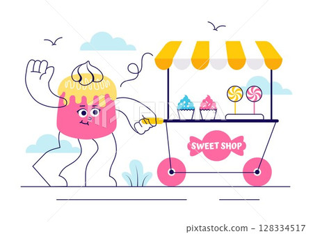 Sweet Shop Vector Illustration Featuring the Sale of Various Bakery Products, Cupcakes, Cakes, Pastries, or Candy in a Flat Style Cartoon Background 128334517