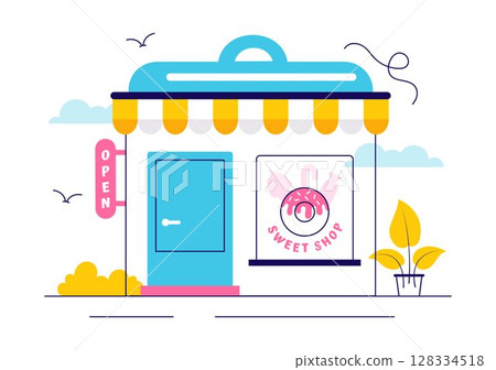 Sweet Shop Vector Illustration Featuring the Sale of Various Bakery Products, Cupcakes, Cakes, Pastries, or Candy in a Flat Style Cartoon Background 128334518