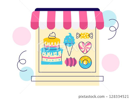 Sweet Shop Vector Illustration Featuring the Sale of Various Bakery Products, Cupcakes, Cakes, Pastries, or Candy in a Flat Style Cartoon Background 128334521