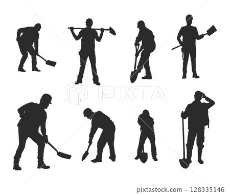 Worker with spade silhouettes, Workers with shovel silhouette 128335146