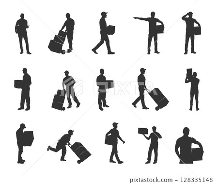 Delivery man silhouette, Courier service silhouettes, Delivery man carrying boxes, Delivery man SVG 128335148