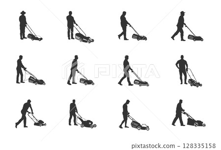 Man pushing lawn mower svg, Man mowing lawn svg, Man pushing lawn mower silhouette, Man mowing lawn silhouette, Lawn mowing silhouette, Man pushing lawnmower vector set. 128335158