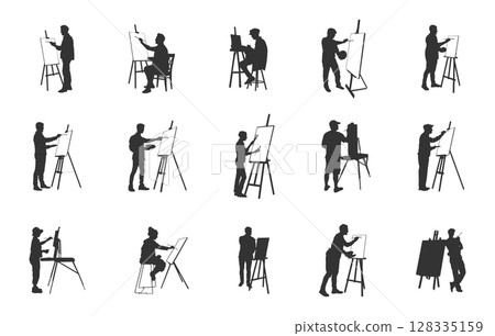 Artist svg, Artist drawing svg, Artist silhouette, Artist drawing silhouette, Painter artist silhouette, Painter artist svg, Artist drawing vector set. 128335159