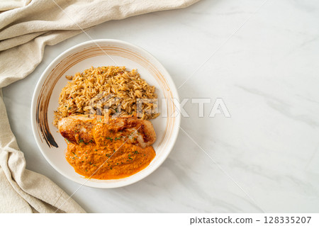 grilled chicken steak with red curry sauce and rice 128335207