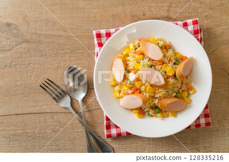 fried rice with sausage and mixed vegetable fried rice with sausage and mixed vegetable 128335216