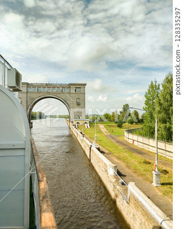 One of the locks on the Volga River in Russia, view from a cruise ship One of the locks on the Volga River in Russia, view from a cruise ship 128335297