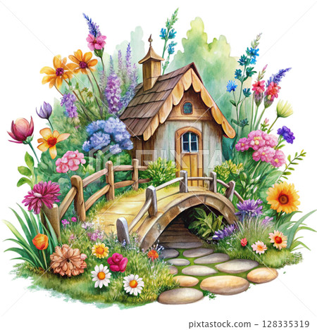 Vintage house cute bright colors floral patterns around the house Clipart Watercolor  128335319