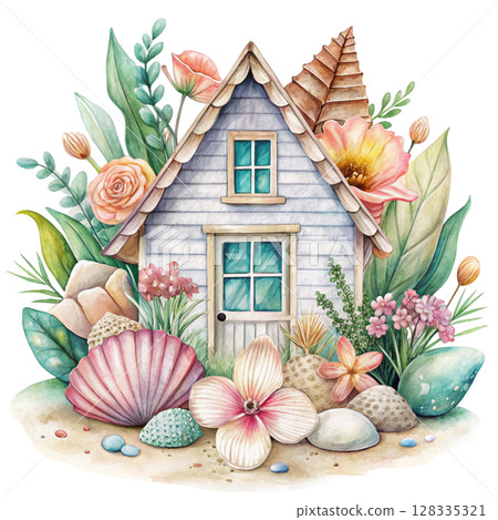 Vintage house cute bright colors floral patterns around the house Clipart Watercolor  128335321