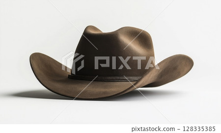 brown cowboy hat. The hat is made of a soft, felt-like material and has a wide brim. The brim is slightly curved and the hat appears to be in good condition. The background is white	 128335385