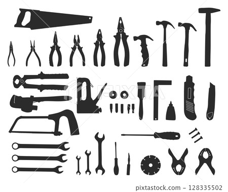 Hand tool silhouettes, Tools silhouette, Construction tools silhouette, Tools SVG 128335502