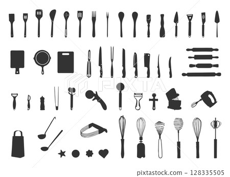 Baking kitchen tools silhouettes, Bakery silhouette, Bakery SVG, Kitchen tools Svg, Kitchen tools silhouettes 128335505