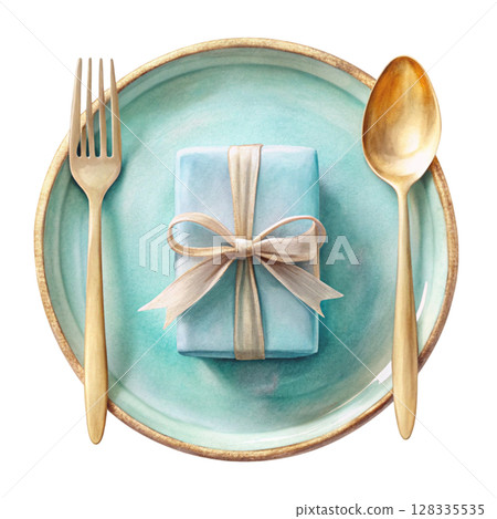 Food plate  spoon and fork  gift placed on the plate 128335535