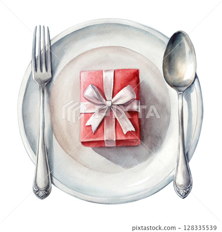 Food plate  spoon and fork  gift placed on the plate Food plate  spoon and fork  gift placed on the plate 128335539