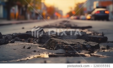 Damaged City Street: Close-Up of Potholes in Asphalt Pavement. Generative ai 128335591