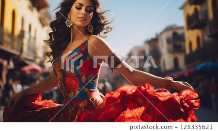 Elegant Flamenco Dancer in Traditional Attire Performing in Old Town Square. Generative ai 128335621