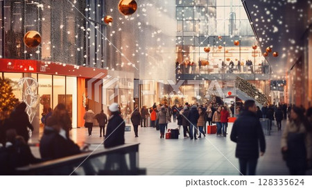 Bustling Christmas Shopping in a Festively Decorated Mall: A Holiday Scene. Generative ai 128335624