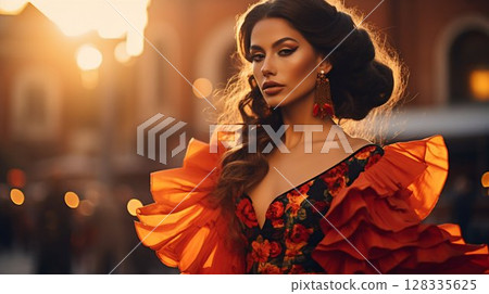 Elegant Flamenco Dancer in Traditional Attire Performing in Old Town Square. Generative ai 128335625