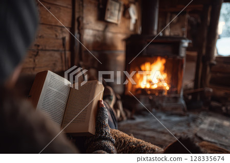 Cozy cabin interior with person reading book by warm fireplace, rustic wood walls, winter mood Cozy cabin interior with person reading book by warm fireplace, rustic wood walls, winter mood 128335674
