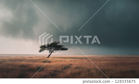 Lone resilient tree stands in golden grassland under dramatic stormy sky, evoking solitude Lone resilient tree stands in golden grassland under dramatic stormy sky, evoking solitude 128335675