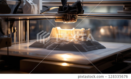 3D printer creating complex architectural model with layered structure, illuminated 3D printer creating complex architectural model with layered structure, illuminated 128335676