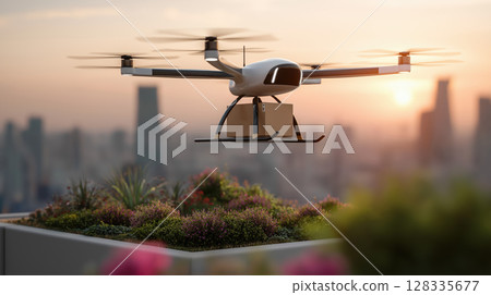 Futuristic self driving delivery drone flying over city rooftop garden sunset, innovative Futuristic self driving delivery drone flying over city rooftop garden sunset, innovative 128335677