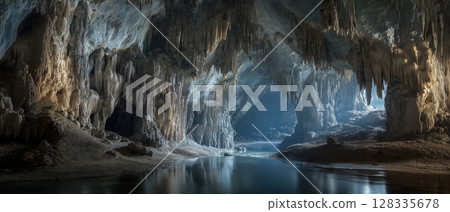 Hidden cave interior with dramatic stalactites, stalagmites, and tranquil underground river Hidden cave interior with dramatic stalactites, stalagmites, and tranquil underground river 128335678