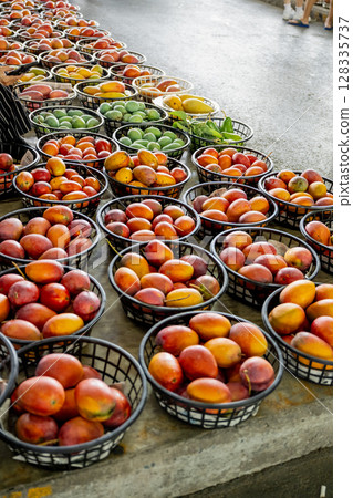 台灣台南 — 2025年6月30日:玉井水果市場新鮮芒果展示。在夏季水果季節,該市場是台灣的主要水果產區。 台灣台南 — 2025年6月30日:玉井水果市場新鮮芒果展示。在夏季水果季節,該市場是台灣的主要水果產區。 128335737