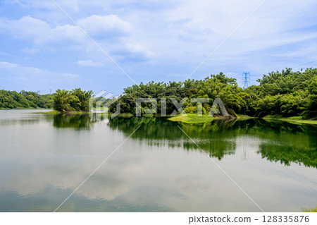 Chiayi City, Taiwan - June 29, 2025: Ningshui's early morning, Lantan water reservoir's light waves, and dense forest of trees. 128335876
