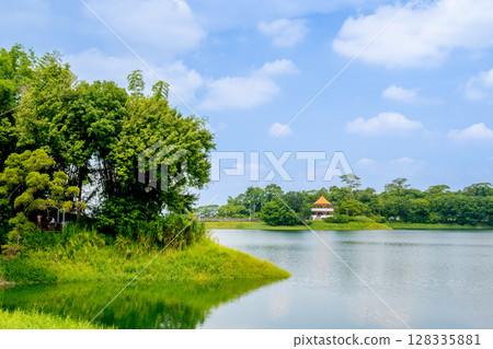 台灣嘉義市 - 2025 年 6 月 29 日：寧水的清晨，蘭潭水庫的波浪和茂密的樹林。 128335881