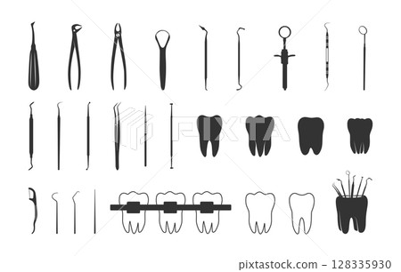 Dental tools silhouette, Dental instruments silhouette, Dentist tools svg, Dental tools svg, Dental instruments svg, Tooth silhouette, Medical tools silhouette 128335930