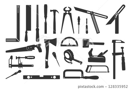 Carpenter tools silhouette, Carpenter tools svg, Wooden work tools silhouette, Carpenter silhouettes, Carpentry tools svg, Tools silhouette, Carpenter tools vector illustration 128335952