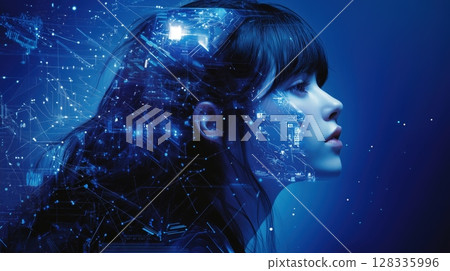 digital art piece that shows a woman's face and upper body. The woman's head is covered in a futuristic interface, with blue and silver lines and shapes that resemble a circuit board or circuit board. 128335996