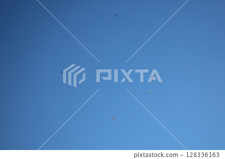 (Okegawa Airport, Saitama) Skydivers flying in the blue sky 128336163