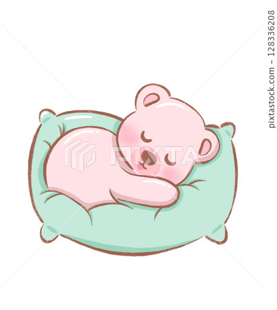 bear sleeping illustration of soft pink teddy bear resting on green pillow in adorable flat drawing 128336208