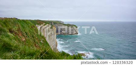 Panoramic coastal cliffs and Atlantic Ocean in Normandy 128336320