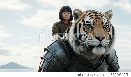 A girl riding on the back of a giant tiger 128336425