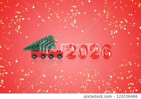 Christmas card. New Year 2026. Red train with a Christmas tree and the number 2026 on red background with golden holiday lights. Concept of a happy holiday. A fabulous postcard 128336466