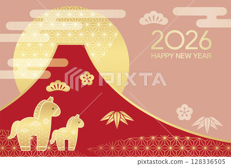 2026 年馬年新年賀卡模板，帶有富士山和初升的日出 128336505