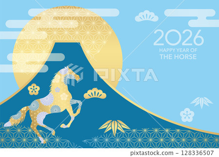 2026 Year of the Horse New Year's card template with Mt. Fuji and first sunrise 2026 Year of the Horse New Year's card template with Mt. Fuji and first sunrise 128336507
