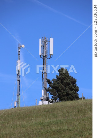 Two tall towers with a tree in between 128336534