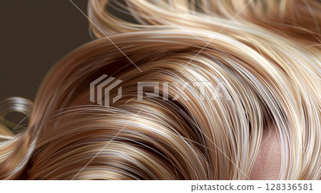 Long, luxurious golden blonde hair with soft waves and curls, showcasing incredible shine and healthy texture against a rich, dark background. 128336581