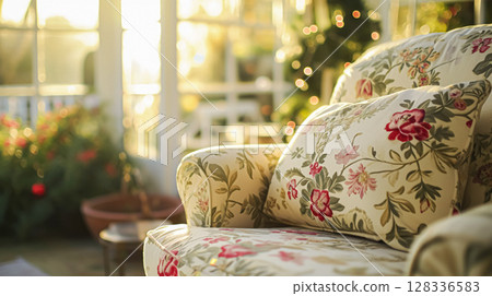 Colorful pillows on sofa against glass wall of window in a winter garden or conservatory. Interior textile concept. High quality photo 128336583