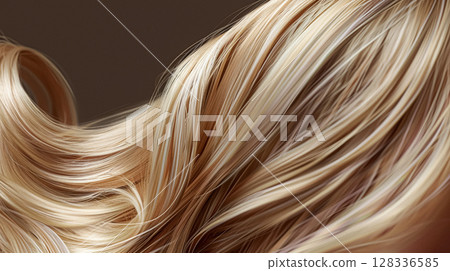 Long, luxurious golden blonde hair with soft waves and curls, showcasing incredible shine and healthy texture against a rich, dark background. Long, luxurious golden blonde hair with soft waves and curls, showcasing incredible shine and healthy texture against a rich, dark background. 128336585