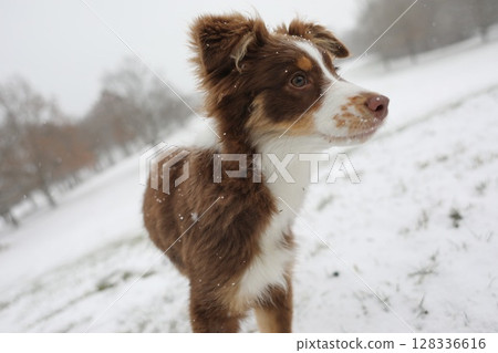 Brown and white dog is standing in the snow 128336616