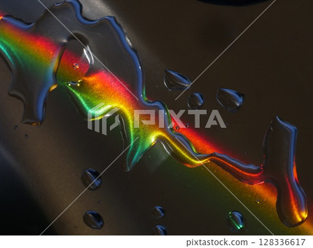 Rainbow is reflected in the water droplets on a surface 128336617