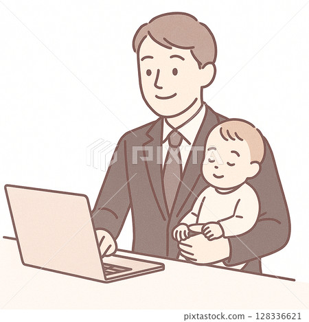 一名男子抱著嬰兒在家辦公 128336621